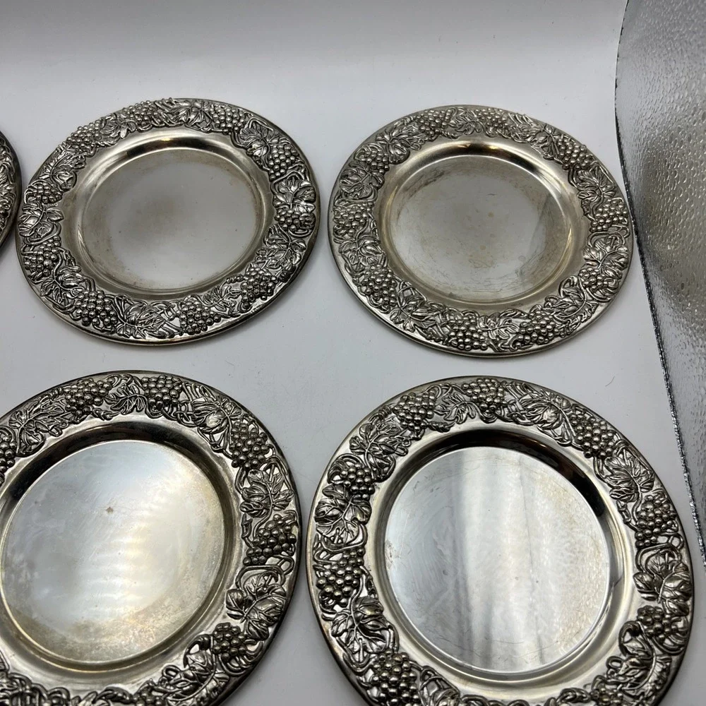 Set of 6 Vintage Godinger Silver Plate Grapevine Wine Coasters 5